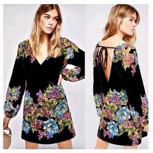Free People Misha Burnout Long Sleeve Floral Black Velvet Mini Dress Size Small